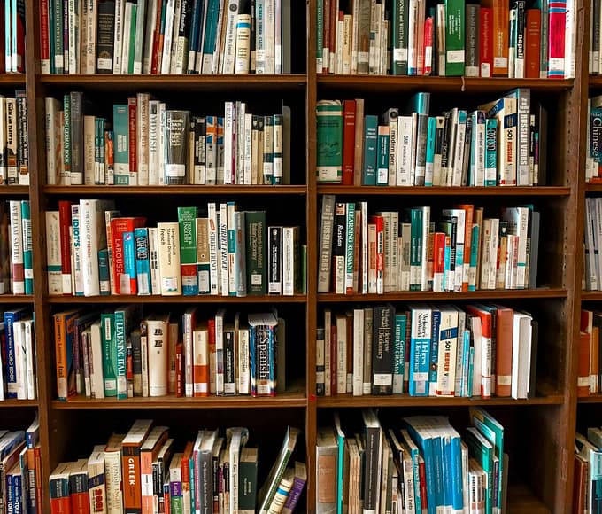 Vibrant library scene featuring wooden bookshelves filled with various books.