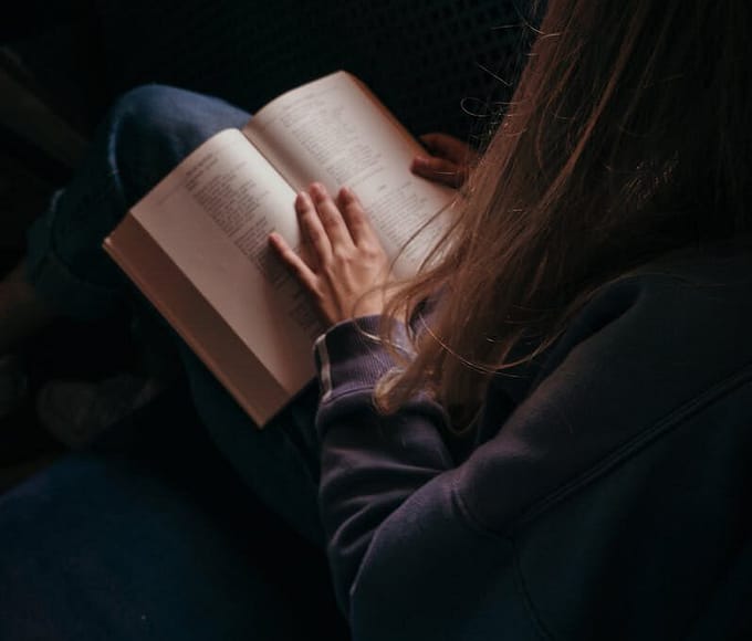 A young woman reading a book in a cozy indoor setting by the window.